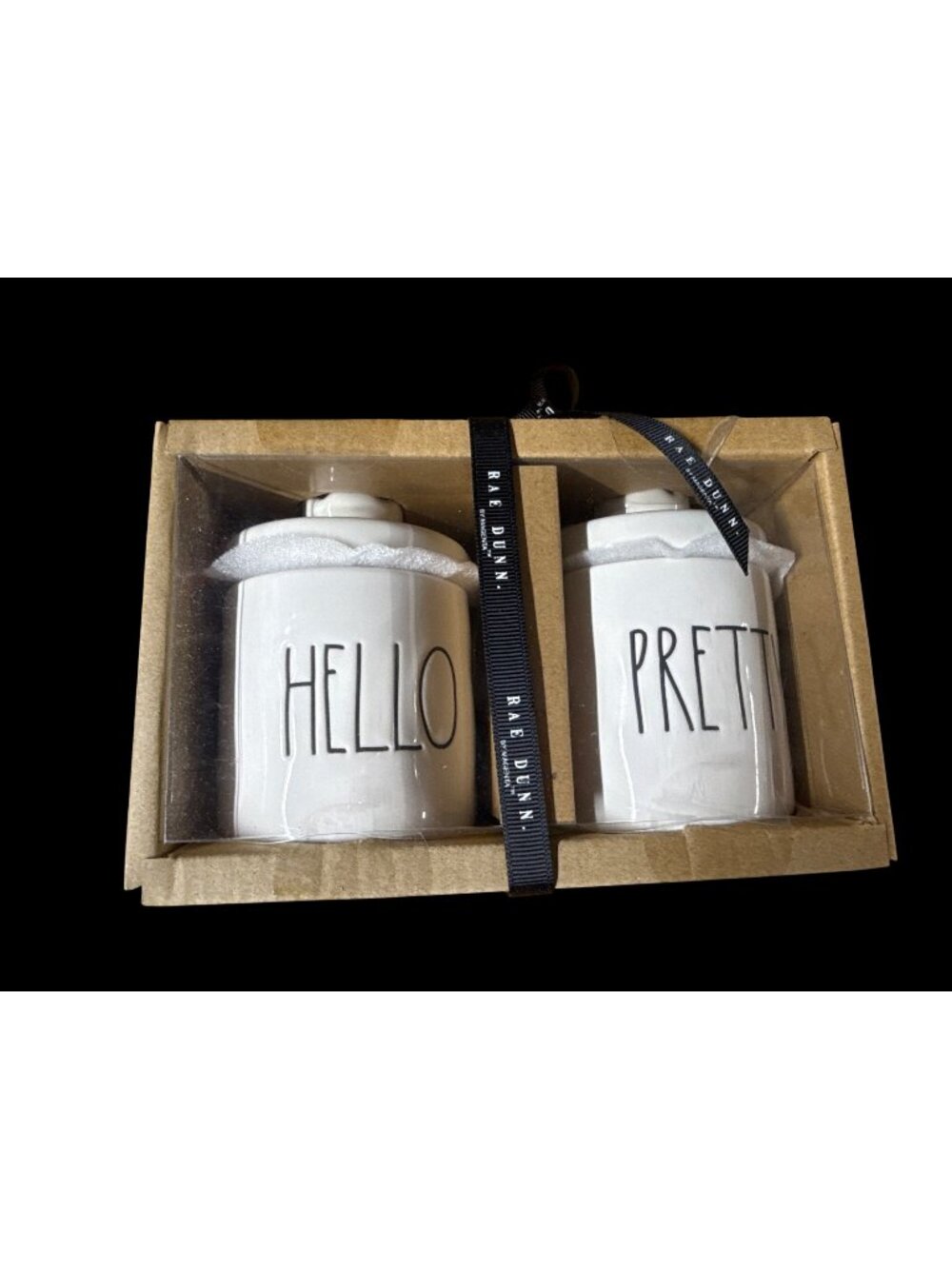 Rae Dunn "HELLO" "PRETTY" Canister Set Ceramic Jars Crown Knob Vanity Decor New